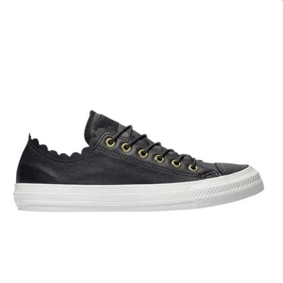 Converse Frilly Thrills Black Leather Sneakers With Scalloped Edge & Gold Eyelet - Picture 1 of 10